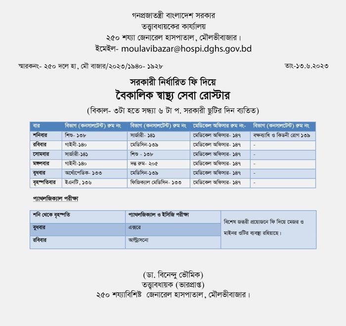 <span style='color:red;font-size:16px;'>মৌলভীবাজার ২৫০ শয্যা জেনারেল হাসপাতাল</span>	 <br/> সরকারি ফি দিয়ে বৈকালিক স্বাস্থ্য সেবা রোস্টার