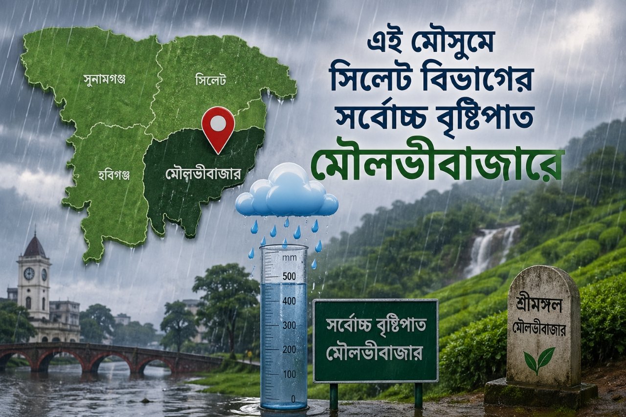 এই মৌসুমে সিলেট বিভাগের সর্বোচ্চ বৃষ্টিপাত মৌলভীবাজারে, রেকর্ড ১৯০ মিলিমিটার