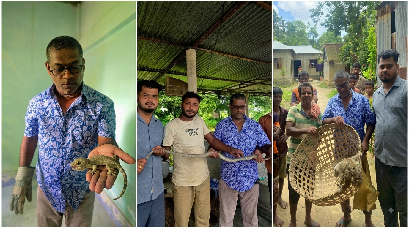 শ্রীমঙ্গলে একই দিনে জালে দাঁড়াশ, ঘরে তক্ষক ও লজ্জাবতী বানর উদ্ধার